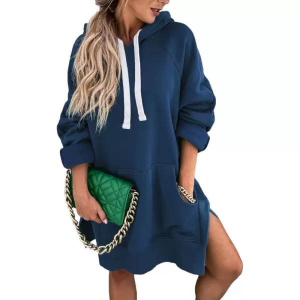 imagePRETTYGARDEN Womens Casual Pullover Sweatshirt Long Sleeve Split Hem Hoodie Dress with Kangaroo PocketBlue