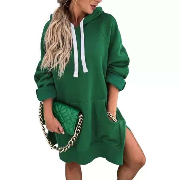 imagePRETTYGARDEN Womens Casual Pullover Sweatshirt Long Sleeve Split Hem Hoodie Dress with Kangaroo PocketDark Green