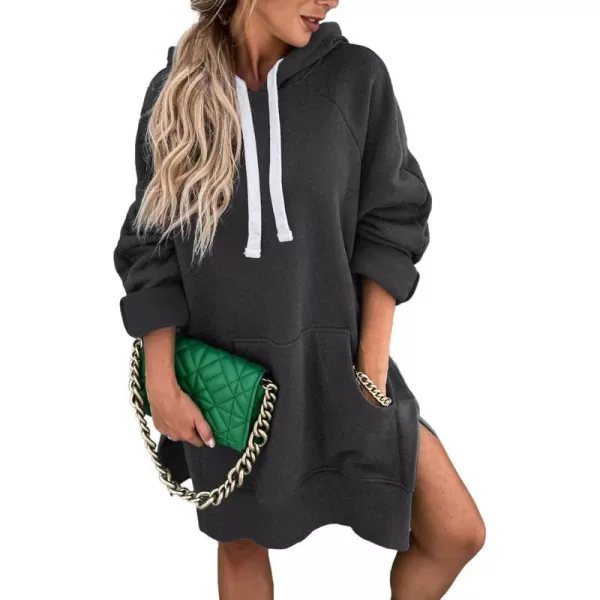 imagePRETTYGARDEN Womens Casual Pullover Sweatshirt Long Sleeve Split Hem Hoodie Dress with Kangaroo PocketDark Grey