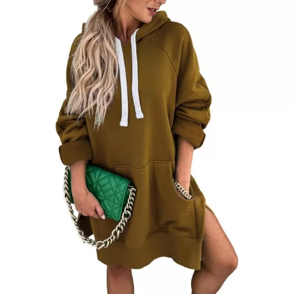 imagePRETTYGARDEN Womens Casual Pullover Sweatshirt Long Sleeve Split Hem Hoodie Dress with Kangaroo PocketDark Khaki