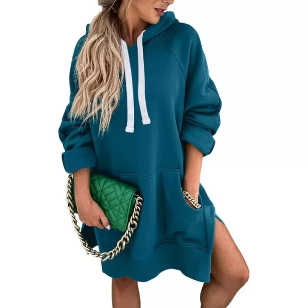 imagePRETTYGARDEN Womens Casual Pullover Sweatshirt Long Sleeve Split Hem Hoodie Dress with Kangaroo PocketLake Blue
