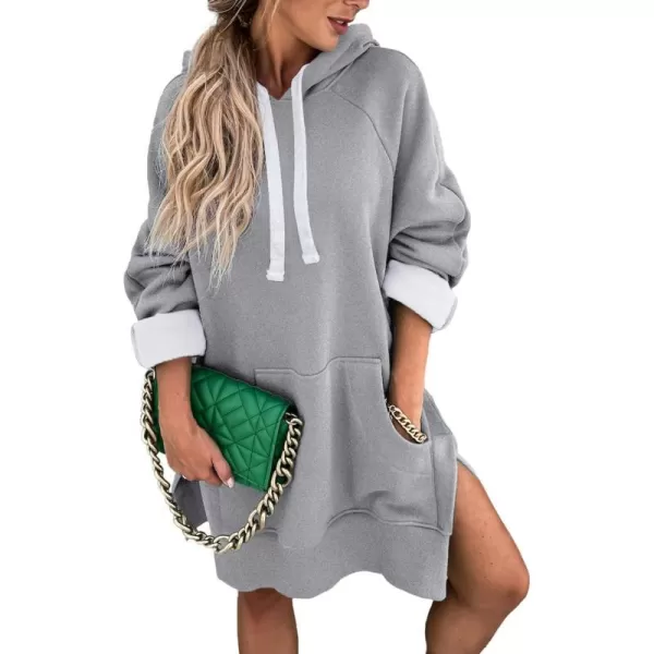 imagePRETTYGARDEN Womens Casual Pullover Sweatshirt Long Sleeve Split Hem Hoodie Dress with Kangaroo PocketLight Grey