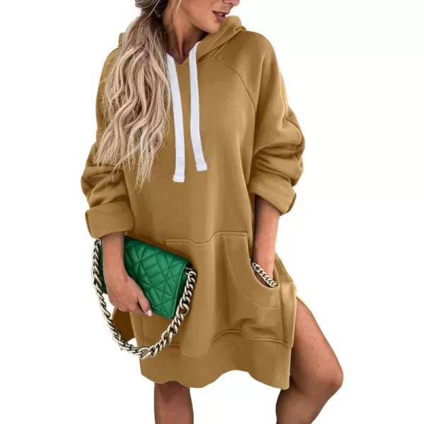 imagePRETTYGARDEN Womens Casual Pullover Sweatshirt Long Sleeve Split Hem Hoodie Dress with Kangaroo PocketLight Khaki