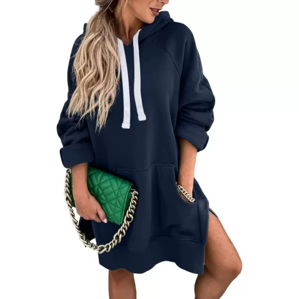 imagePRETTYGARDEN Womens Casual Pullover Sweatshirt Long Sleeve Split Hem Hoodie Dress with Kangaroo PocketNavy