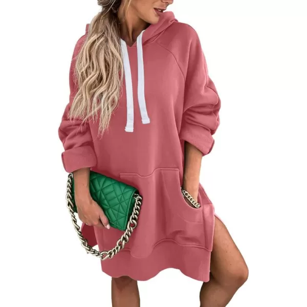 imagePRETTYGARDEN Womens Casual Pullover Sweatshirt Long Sleeve Split Hem Hoodie Dress with Kangaroo PocketPink