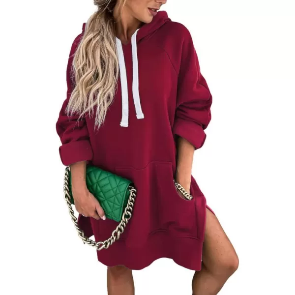 imagePRETTYGARDEN Womens Casual Pullover Sweatshirt Long Sleeve Split Hem Hoodie Dress with Kangaroo PocketWine Red
