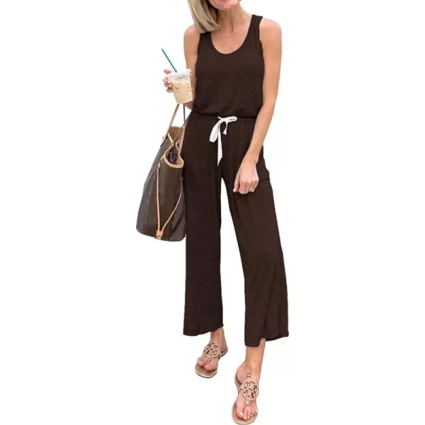 imagePRETTYGARDEN Womens Casual Sleeveless Solid Jumpsuit Crewneck Drawstring Waist Stretchy Long Pants RomperZcoffee