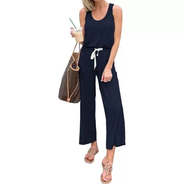 imagePRETTYGARDEN Womens Casual Sleeveless Solid Jumpsuit Crewneck Drawstring Waist Stretchy Long Pants RomperZdark Blue