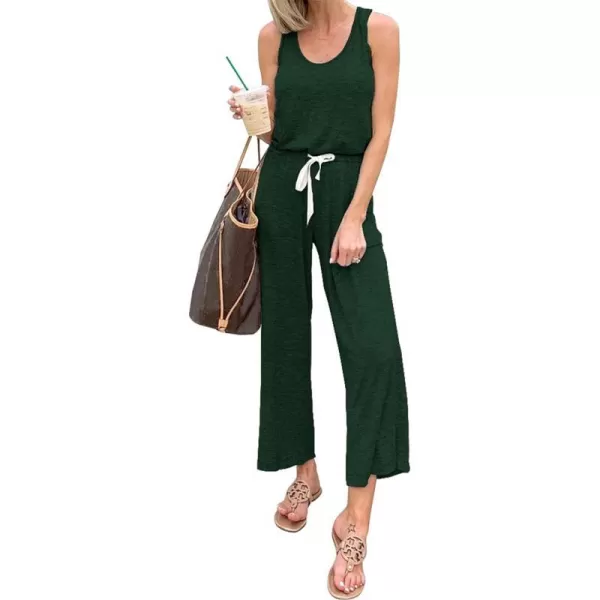 imagePRETTYGARDEN Womens Casual Sleeveless Solid Jumpsuit Crewneck Drawstring Waist Stretchy Long Pants RomperZdark Green