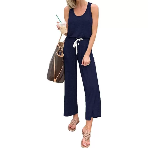 imagePRETTYGARDEN Womens Casual Sleeveless Solid Jumpsuit Crewneck Drawstring Waist Stretchy Long Pants RomperZnavy