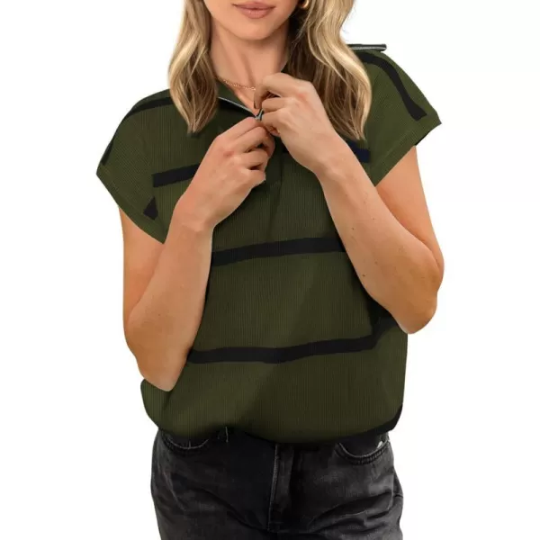 imagePRETTYGARDEN Womens Casual Striped T Shirts Cap Sleeve V Neck 14 Zip Basic Summer Tops BlouseArmy Green