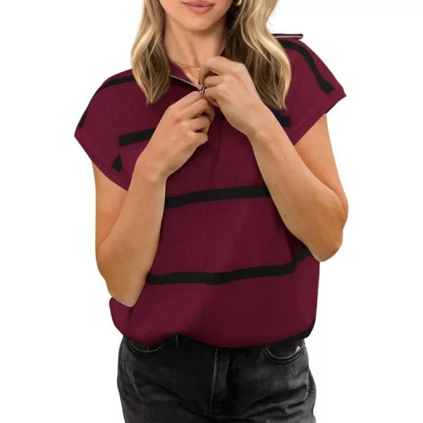 imagePRETTYGARDEN Womens Casual Striped T Shirts Cap Sleeve V Neck 14 Zip Basic Summer Tops BlouseWine Red