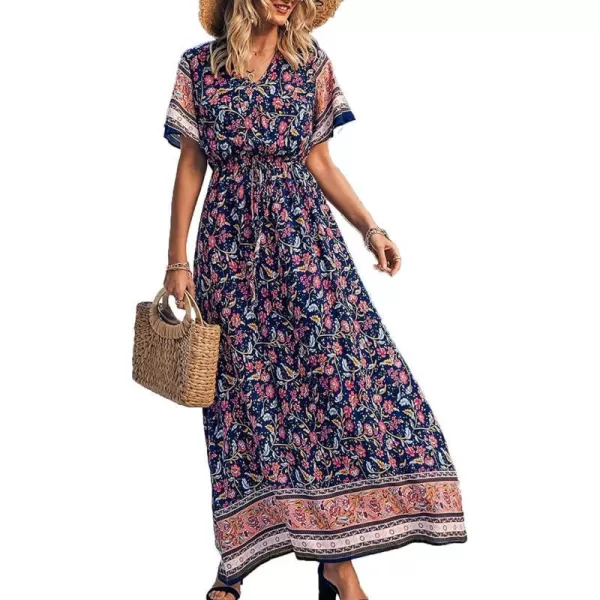 imagePRETTYGARDEN Womens Casual Summer Boho Floral Print Dress V Neck Short Sleeve High Waist Long Maxi Beach DressesNavy