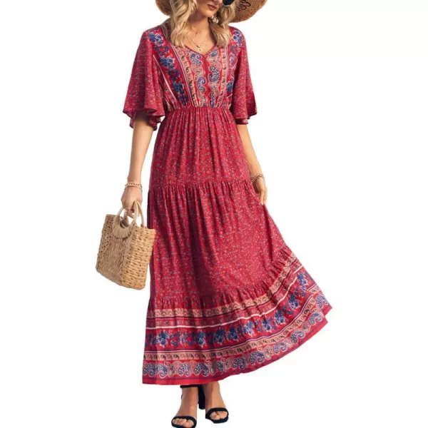 imagePRETTYGARDEN Womens Casual Summer Boho Floral Print Dress V Neck Short Sleeve High Waist Long Maxi Beach DressesRed Floral