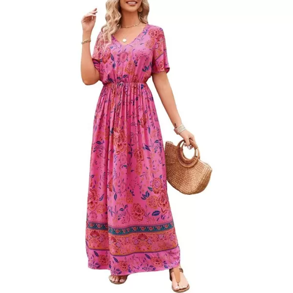 imagePRETTYGARDEN Womens Casual Summer Boho Floral Print Dress V Neck Short Sleeve High Waist Long Maxi Beach DressesRose Red Floral