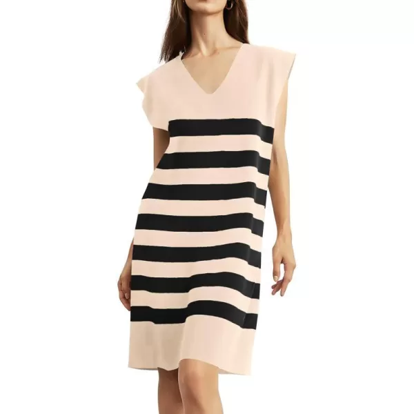imagePRETTYGARDEN Womens Casual Summer Dress Cap Sleeve V Neck Stripe Knitted Loose Shift DressesApricot