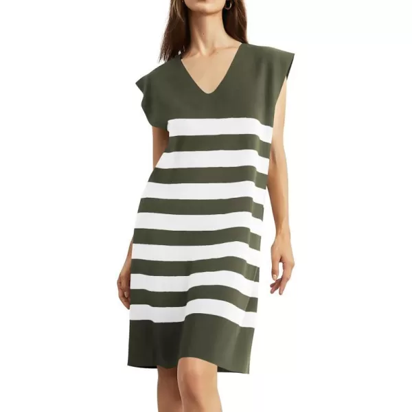 imagePRETTYGARDEN Womens Casual Summer Dress Cap Sleeve V Neck Stripe Knitted Loose Shift DressesArmy Green