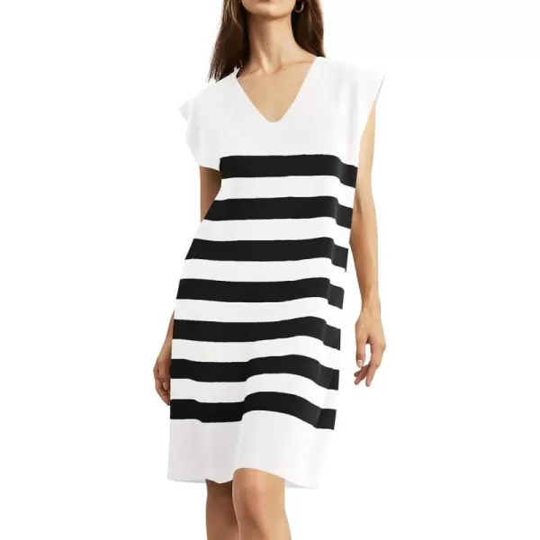 imagePRETTYGARDEN Womens Casual Summer Dress Cap Sleeve V Neck Stripe Knitted Loose Shift DressesWhite