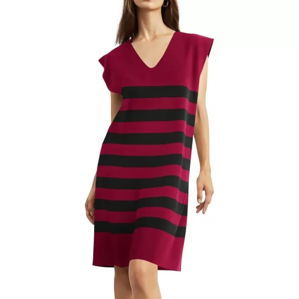 imagePRETTYGARDEN Womens Casual Summer Dress Cap Sleeve V Neck Stripe Knitted Loose Shift DressesWine Red