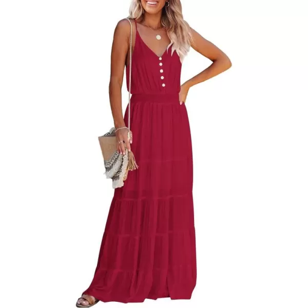 imagePRETTYGARDEN Womens Casual Summer Dress Spaghetti Strap Sleeveless High Waist Beach Long Maxi Sun DressesDeep Red