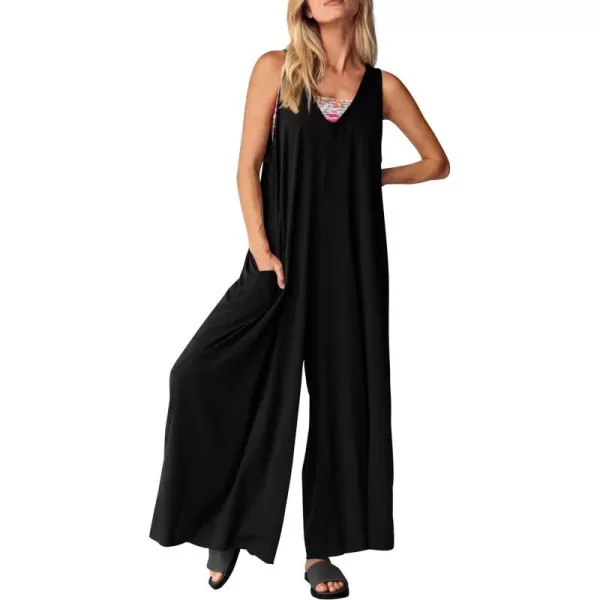 imagePRETTYGARDEN Womens Casual Summer Loose Jumpsuits Sleeveless Tank V Neck Wide Leg One Piece RomperBlack