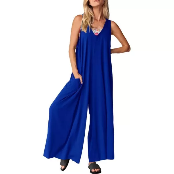 imagePRETTYGARDEN Womens Casual Summer Loose Jumpsuits Sleeveless Tank V Neck Wide Leg One Piece RomperBrilliant Blue