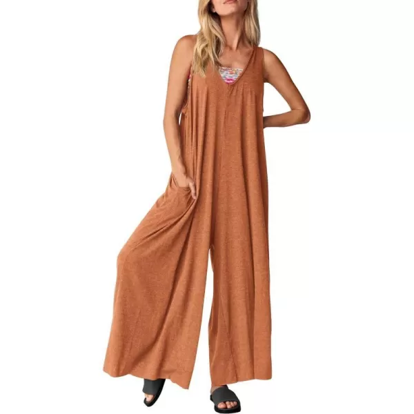 imagePRETTYGARDEN Womens Casual Summer Loose Jumpsuits Sleeveless Tank V Neck Wide Leg One Piece RomperCaramel