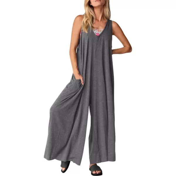 imagePRETTYGARDEN Womens Casual Summer Loose Jumpsuits Sleeveless Tank V Neck Wide Leg One Piece RomperGrey