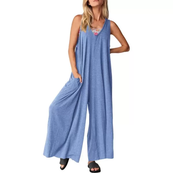 imagePRETTYGARDEN Womens Casual Summer Loose Jumpsuits Sleeveless Tank V Neck Wide Leg One Piece RomperLight Blue