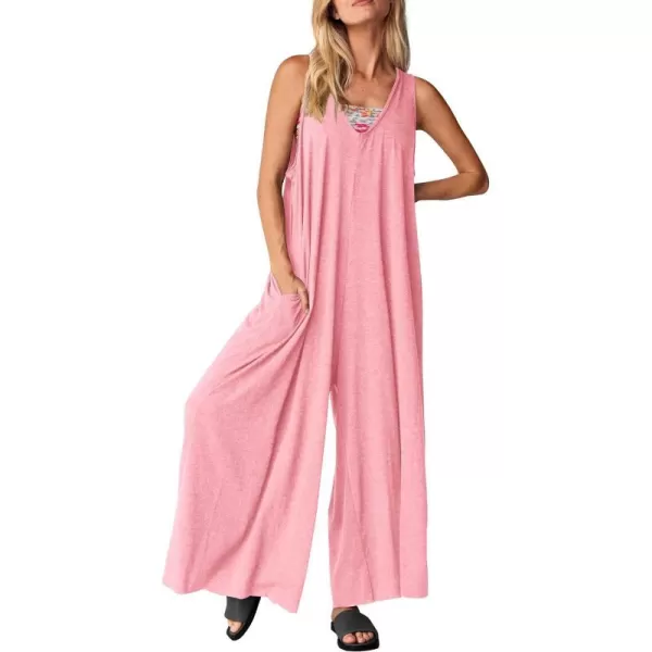 imagePRETTYGARDEN Womens Casual Summer Loose Jumpsuits Sleeveless Tank V Neck Wide Leg One Piece RomperPink