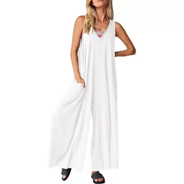 imagePRETTYGARDEN Womens Casual Summer Loose Jumpsuits Sleeveless Tank V Neck Wide Leg One Piece RomperWhite