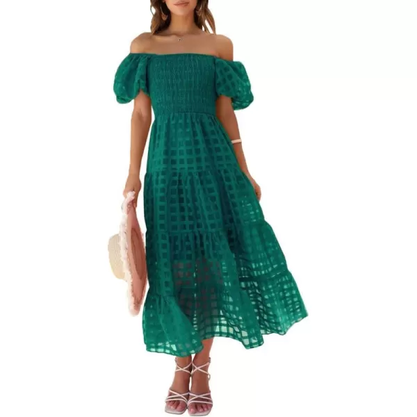 imagePRETTYGARDEN Womens Casual Summer Midi Dress Puffy Short Sleeve Square Neck Smocked Tiered Ruffle DressesPlaid Green