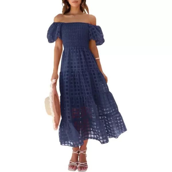 imagePRETTYGARDEN Womens Casual Summer Midi Dress Puffy Short Sleeve Square Neck Smocked Tiered Ruffle DressesPlaid Navy