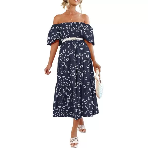 imagePRETTYGARDEN Womens Casual Summer Midi Dress Puffy Short Sleeve Square Neck Smocked Tiered Ruffle DressesPrint Navy