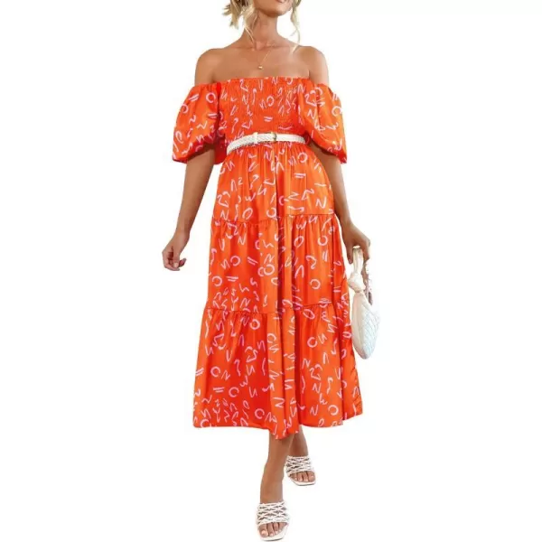imagePRETTYGARDEN Womens Casual Summer Midi Dress Puffy Short Sleeve Square Neck Smocked Tiered Ruffle DressesPrint Orange