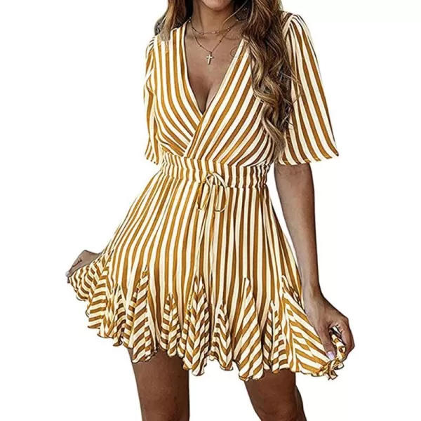 imagePRETTYGARDEN Womens Casual Summer Striped Dress Short Sleeve Wrap V Neck Ruffle Hem Mini Skater DressesBrown