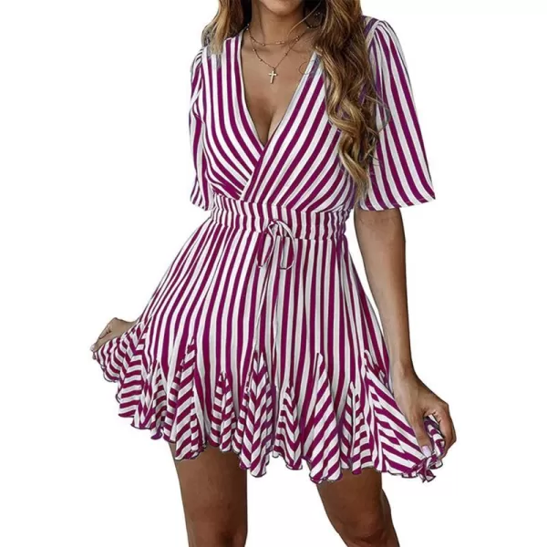imagePRETTYGARDEN Womens Casual Summer Striped Dress Short Sleeve Wrap V Neck Ruffle Hem Mini Skater DressesDark Rose Red