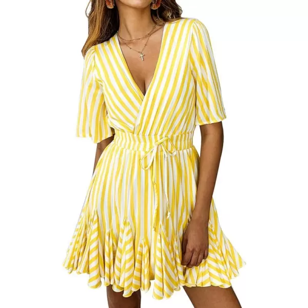 imagePRETTYGARDEN Womens Casual Summer Striped Dress Short Sleeve Wrap V Neck Ruffle Hem Mini Skater DressesYellow