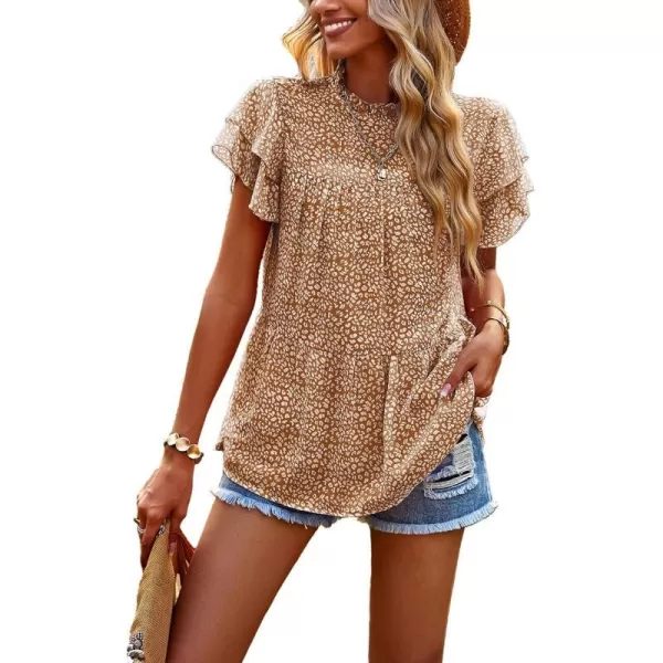 imagePRETTYGARDEN Womens Casual Summer Tops Ruffle Short Sleeve Mock Neck Fashion Floral Chiffon Blouse ShirtsCoffee