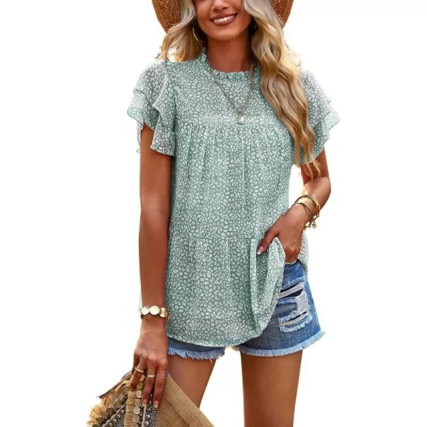 imagePRETTYGARDEN Womens Casual Summer Tops Ruffle Short Sleeve Mock Neck Fashion Floral Chiffon Blouse ShirtsGreen