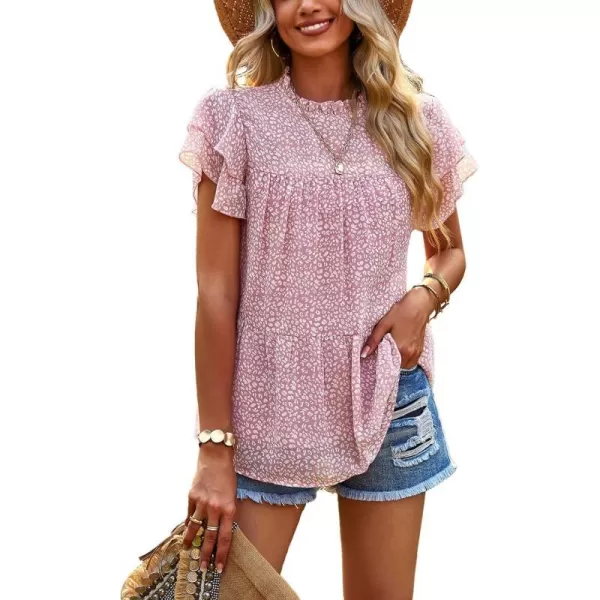 imagePRETTYGARDEN Womens Casual Summer Tops Ruffle Short Sleeve Mock Neck Fashion Floral Chiffon Blouse ShirtsPink