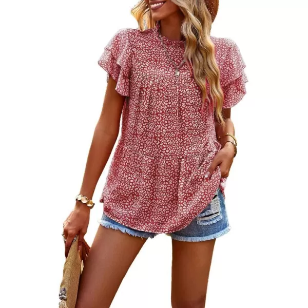 imagePRETTYGARDEN Womens Casual Summer Tops Ruffle Short Sleeve Mock Neck Fashion Floral Chiffon Blouse ShirtsWine Red