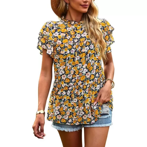 imagePRETTYGARDEN Womens Casual Summer Tops Ruffle Short Sleeve Mock Neck Fashion Floral Chiffon Blouse ShirtsYellow