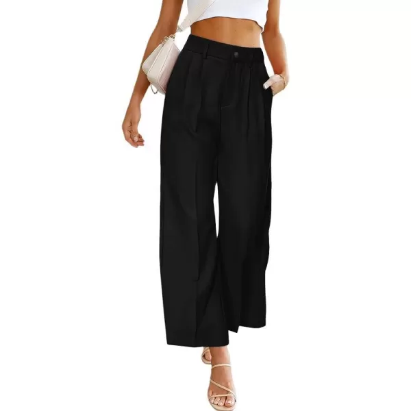 imagePRETTYGARDEN Womens Casual Summer Work Pants High Waisted Palazzo Pant Flowy Wide Leg Trousers with PocketsBlack