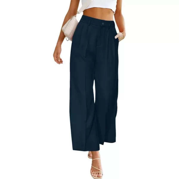 imagePRETTYGARDEN Womens Casual Summer Work Pants High Waisted Palazzo Pant Flowy Wide Leg Trousers with PocketsNavy