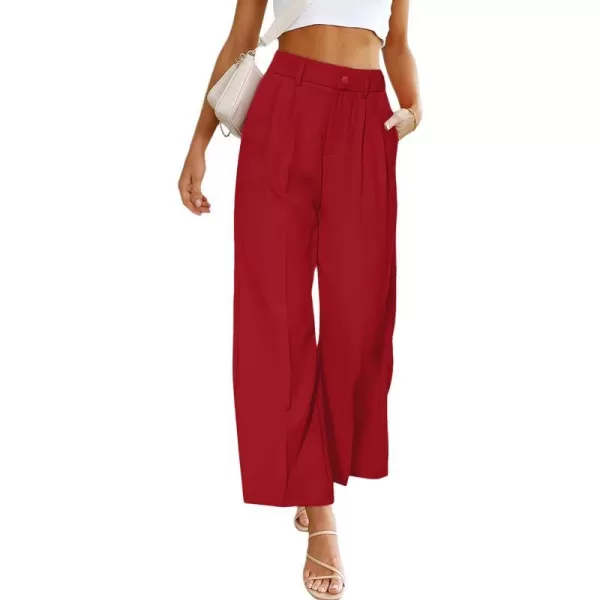 imagePRETTYGARDEN Womens Casual Summer Work Pants High Waisted Palazzo Pant Flowy Wide Leg Trousers with PocketsRed