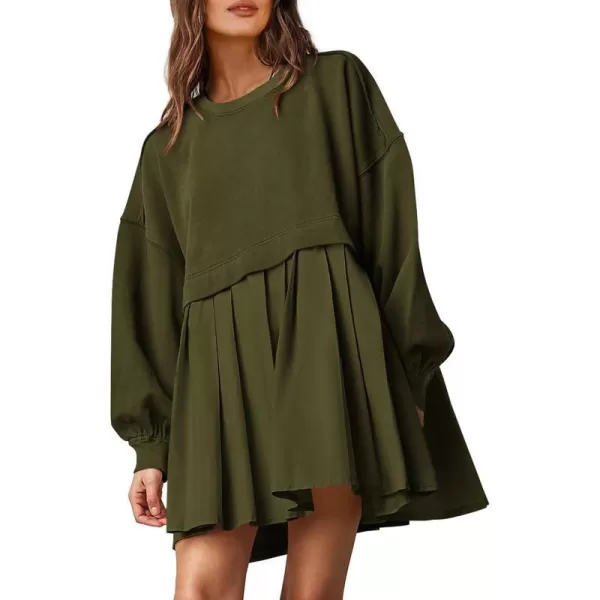 imagePRETTYGARDEN Womens Casual Sweatshirt Dress Long Sleeve Patchwork Pullover Tops Pleated Mini DressesArmy Green
