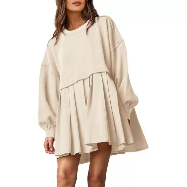 imagePRETTYGARDEN Womens Casual Sweatshirt Dress Long Sleeve Patchwork Pullover Tops Pleated Mini DressesBeige
