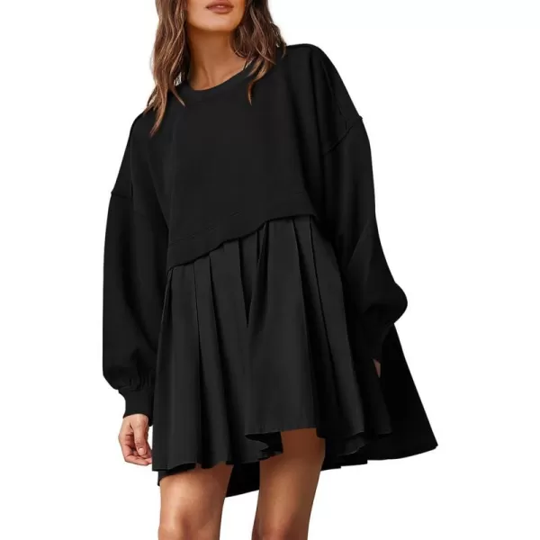 imagePRETTYGARDEN Womens Casual Sweatshirt Dress Long Sleeve Patchwork Pullover Tops Pleated Mini DressesBlack