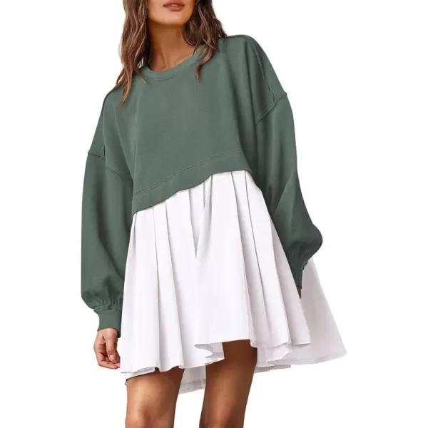 imagePRETTYGARDEN Womens Casual Sweatshirt Dress Long Sleeve Patchwork Pullover Tops Pleated Mini DressesGreen